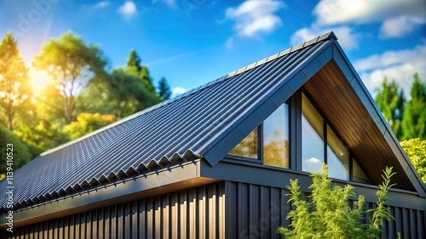 Obraz Stunning Bokeh Effect of a Black Corrugated Metal Roof on a Semi-Modern House Surrounded by Lush Greenery and Clear Blue Sky, Ideal for Architectural and Home Design Inspiration
