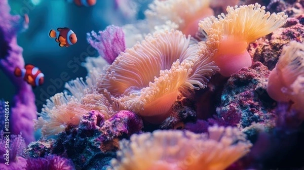 Fototapeta Close-up of Vibrant Coral with Clownfish in the Background