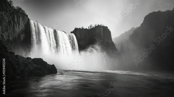 Obraz A Powerful Waterfall Cascading Over Rocky Cliffs, Captured in Black and White