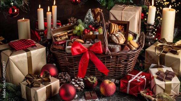 Obraz A cozy Christmas setting with a festive food basket filled with baked goods, chocolates, and fresh fruits, tied with a red bow.