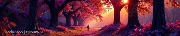 Fototapeta Nature scene of a tree covered in dark purple and yellow leaves, foliage, trees