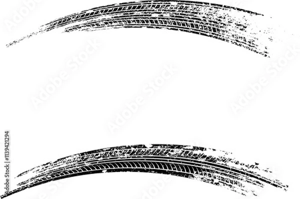 Obraz Tire tracks, wheel braking marks. Truck, car or motorcycle tread pattern silhouettes. Auto race, motorsport, speed racing design element. Vector illustration