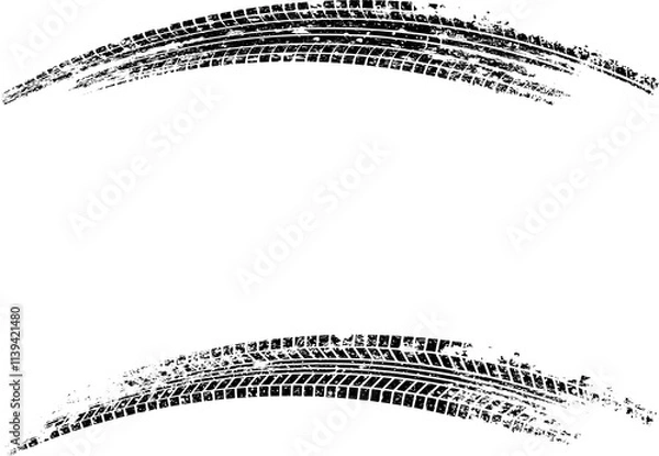 Obraz Tire tracks, wheel braking marks. Truck, car or motorcycle tread pattern silhouettes. Auto race, motorsport, speed racing design element. Vector illustration