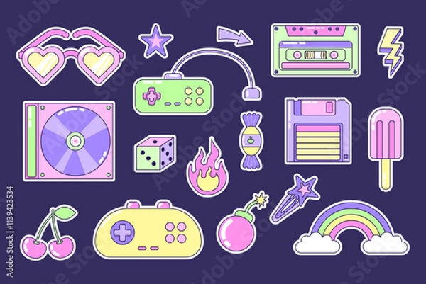 Fototapeta y2k elements set. Multicolored elements on dark background. Retro illustration with outline in 90s style. Isolated vector illustration.