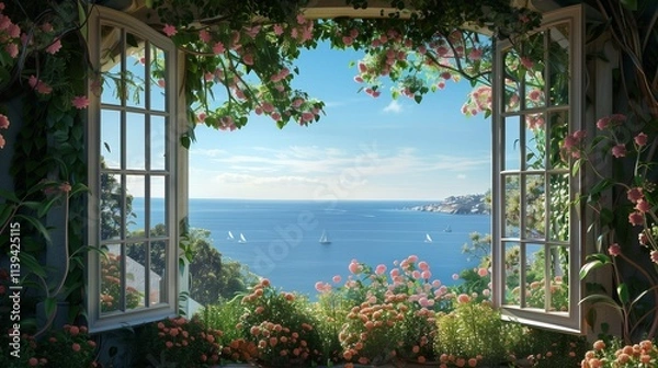 Obraz A panoramic 3D scene of a blooming garden seen through an elegant window, with the tranquil sea stretching into the distance under a clear sky