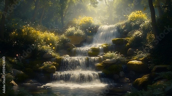 Fototapeta Garden design features a serene waterfall cascading through lush greenery, with sunlight filtering softly through trees, creating an enchanting and tranquil atmosphere.