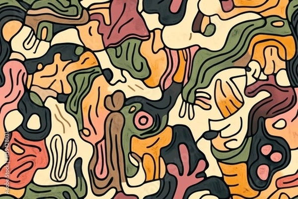 Fototapeta An abstract, hand-drawn design of botanical shapes vines leaves, and petals in earthy brown, mustard