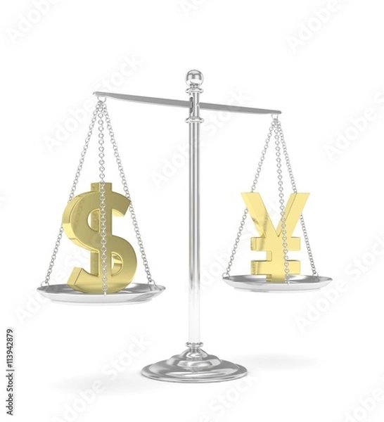 Fototapeta Isolated old fashioned pan scale with dollar and yuan,yen on white background. American and chinese and japanese currency. Currency equality. 3D rendering.