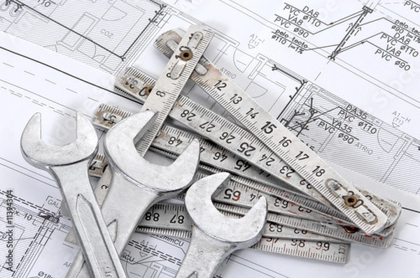 Obraz Spanners over house plan