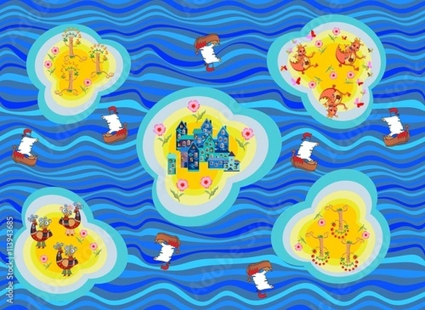 Fototapeta Seamless map of fantasy lands. Islands with fairy town, birds, dragons and trees. Ocean with blue waves and ships. Childish vector illustration. Can be used for floor carpeting, wallpapers, fabrics.