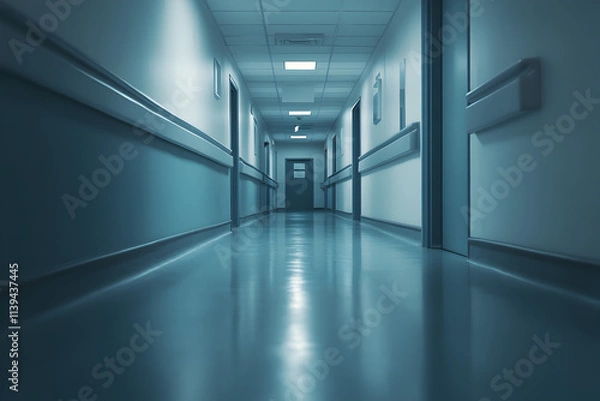 Fototapeta A long hallway with a blue wall and a white door. The hallway is empty and the light is on