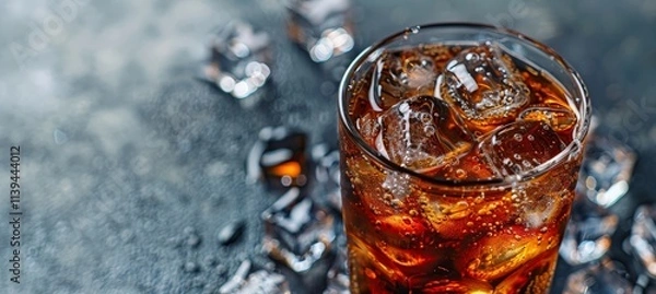 Fototapeta Close-up of a glass of cola with ice cubes