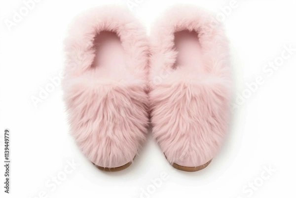 Obraz Fluffy Slippers, Isolated white background, flat lay 