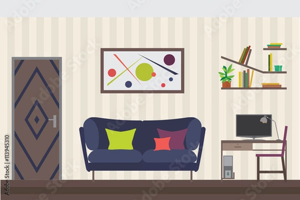 Fototapeta Furniture Set. Flat Vector Illustration for you Interior Design. Elevation with Door, Sofa, Table, Chair, Shelves and Clocks