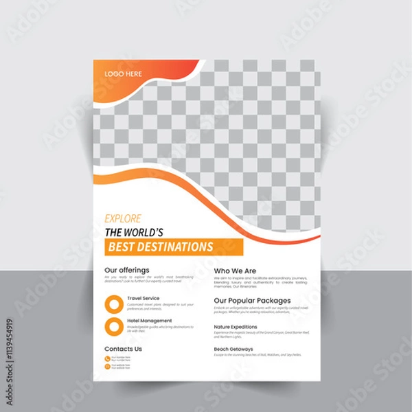 Obraz Template design for a modern travel flyer with venue and contact details. Promotional design for summer travel agencies.