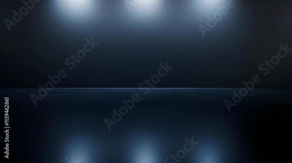 Fototapeta A dimly lit room with three overhead lights illuminating the space. The room is dark and the lights are positioned high on the ceiling, creating a sense of depth and spaciousness