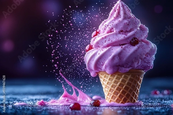 Obraz A pink ice cream cone with pink sprinkles on top