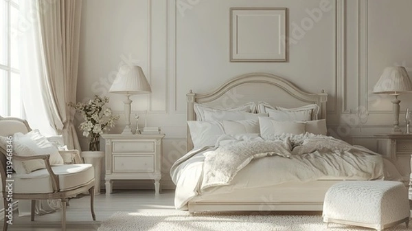 Fototapeta modern European bedroom, high-end design, minimalist luxury with ivory and gray tones