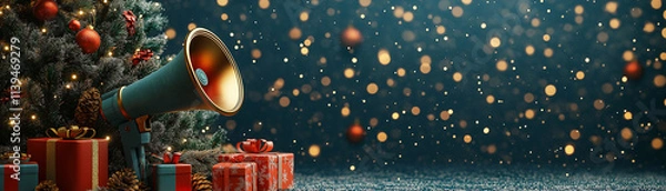 Fototapeta Megaphone leaning against a decorated Christmas tree, with twinkling lights and gifts