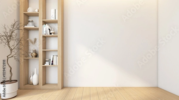 Fototapeta Modern Japanese-style empty room with wood built-in bookshelf. Wooden floor and white wall. 3d rendering