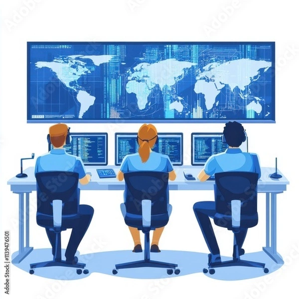 Obraz Three diverse professionals engaged in cybersecurity analysis in a modern, high-tech command center.