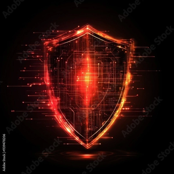 Fototapeta A vibrant digital shield composed of glowing red lines and circuitry, symbolizing cybersecurity and protection.