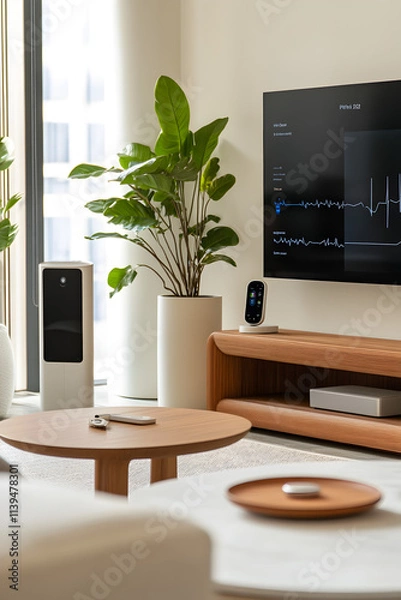 Fototapeta A living room with a large flat screen TV and a potted plant. The room has a modern and minimalist design with a focus on technology