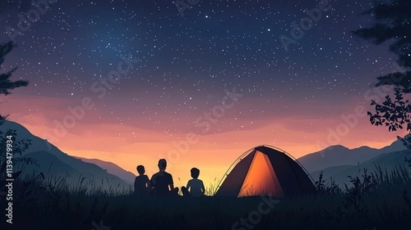 Obraz A family camping under the stars during their summer adventure.