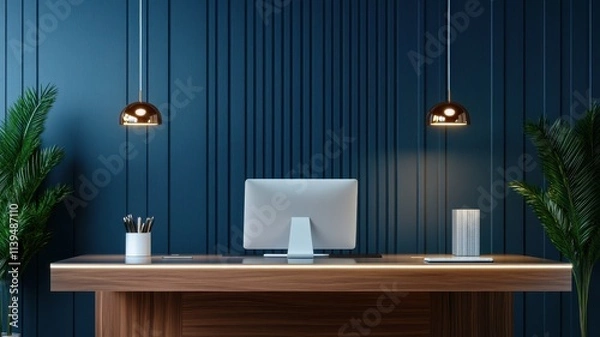 Fototapeta Sleek modern office desk showcasing minimalist design and functionality in a contemporary workspace.