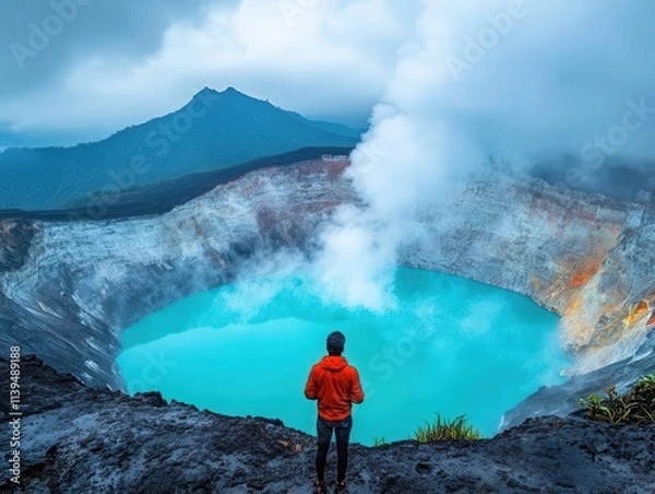 Fototapeta A bright volcanic crater with glowing steam rising, travelers capturing photos of the surreal landscape