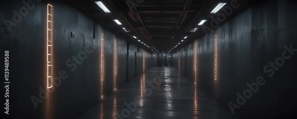 Obraz Empty prison corridors with flickering fluorescent lights, lackluster, empty