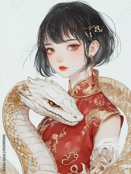 Fototapeta A girl in a red and gold Chinese-style dress, with short black hair and bangs, holding the head of a white snake-dragon.