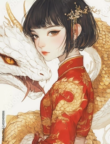 Fototapeta A girl in a red and gold Chinese-style dress, with short black hair and bangs, holding the head of a white snake-dragon.
