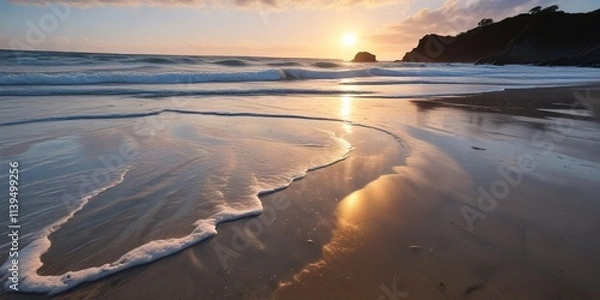 Obraz Reflections in water at low tide with ocean waves gently lapping , serene, water, ocean