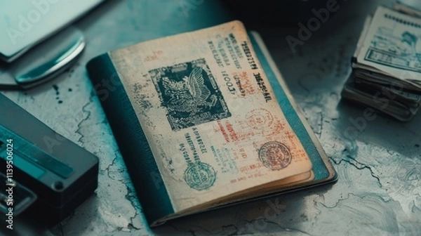 Fototapeta Old passport with visas and stamps on a textured surface next to travel essentials and currency