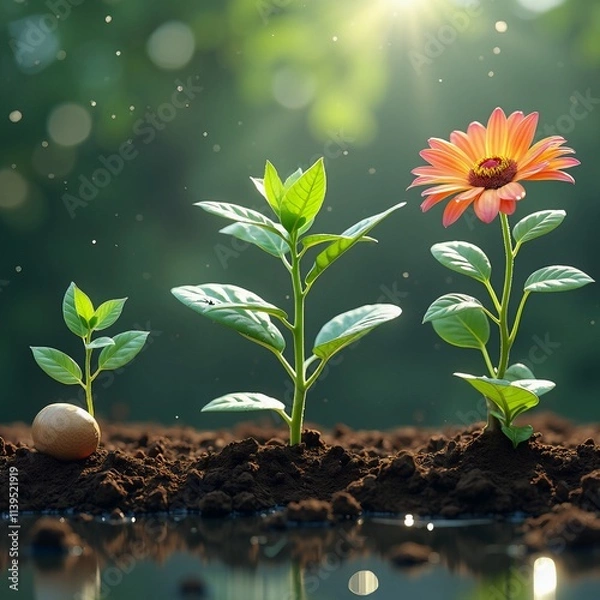 Fototapeta Plants growing in different environments like water soil and ground with nature-inspired themes showing growth and life