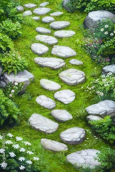 Fototapeta A serene stone pathway through lush greenery, dotted with vibrant flowers and large rocks, creating a peaceful ambiance.