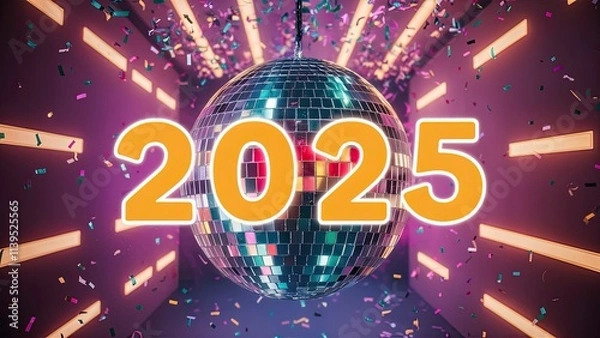 Obraz Retro Disco Ball Spinning with Vibrant Lights and Confetti, 2025 Illuminated