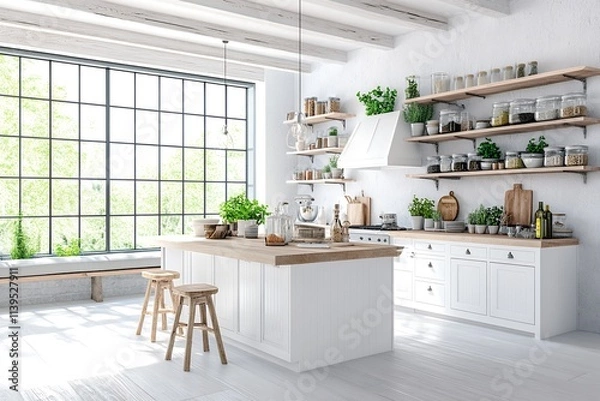 Obraz 大きな窓から自然光が差し込む白いナチュラルキッチン