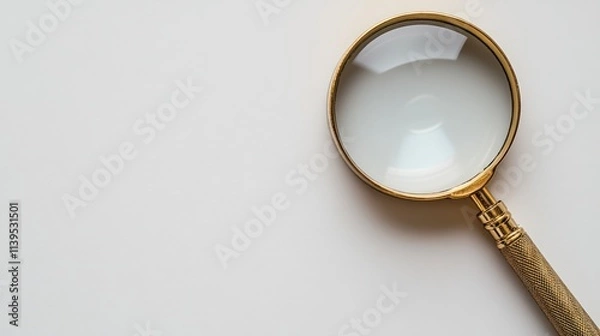 Fototapeta High-angle close-up of a gold-rimmed magnifying glass on a white background.