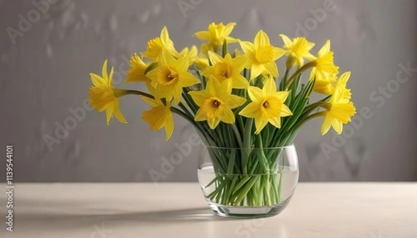 Fototapeta Springtime arrangement of yellow daffodils in a clear glass vessel, container, glass, flowers