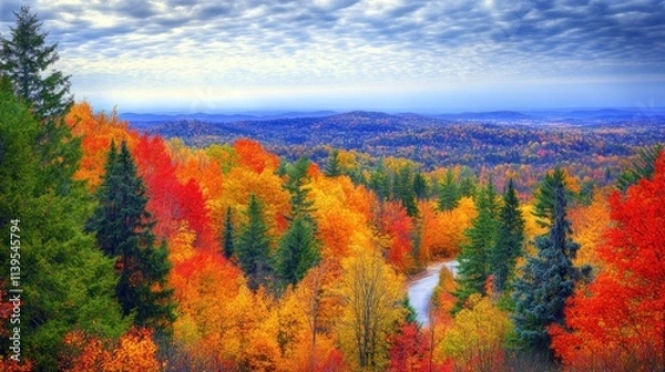 Fototapeta A vibrant autumn landscape showcasing colorful trees and a winding river under a cloudy sky.