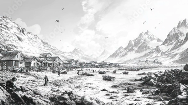 Fototapeta Monochrome coastal village nestled in snow-capped mountains.