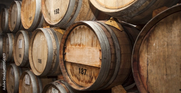 Obraz Wine barrels in cellar.