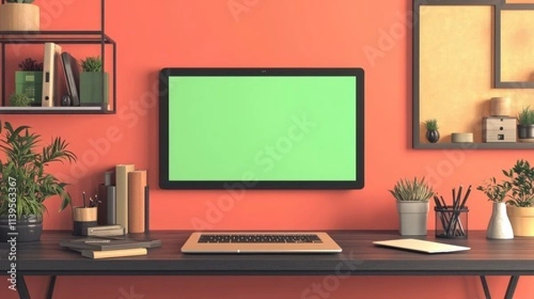 Fototapeta remote team collaboration, Modern Workspace with Green Screen for Collaboration Tasks