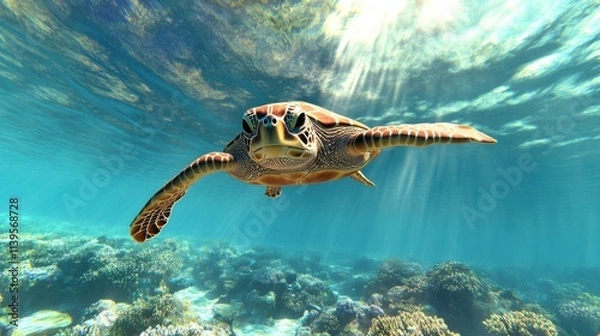 Fototapeta Underwater Excursion with a Sea Turtle Coral Reef Wildlife Photography Oceanic Environment Close-Up View Marine Life Exploration