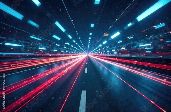 Obraz Digital data flow on the road with motion blur to create a vision of fast data transfer. Concept of future digital transformation, revolutionary innovation and flexible business. 
