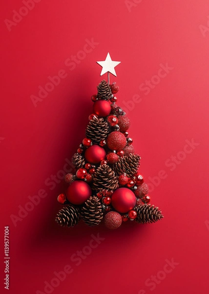 Fototapeta A Christmas tree made of pine cones and acorns with a star on top, in front of a red background, in the spirit of the New Year