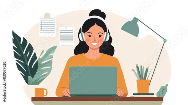Fototapeta Young woman working on laptop at home with headphones in cozy workspace surrounded by plants and desk accessories, maintaining productivity and focus