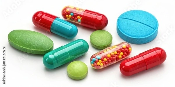 Fototapeta A colorful assortment of capsules and tablets, showcasing various shapes, sizes, and dosages of medication.